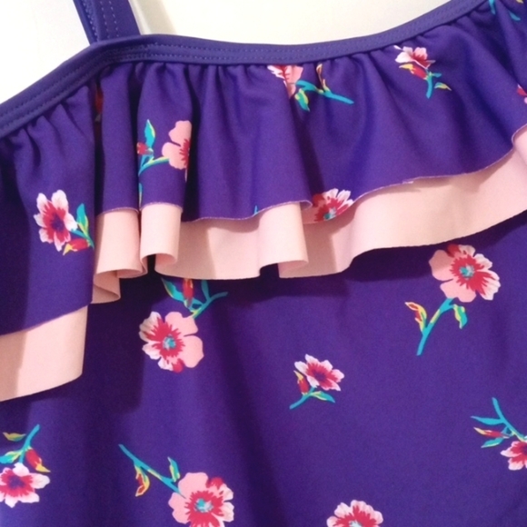 KANU SURF GIRLS PURPLE PINK FLORAL OFF SHOULDER ONE PIECE SWIMSUIT SIZE 12 NWT - Picture 3 of 6